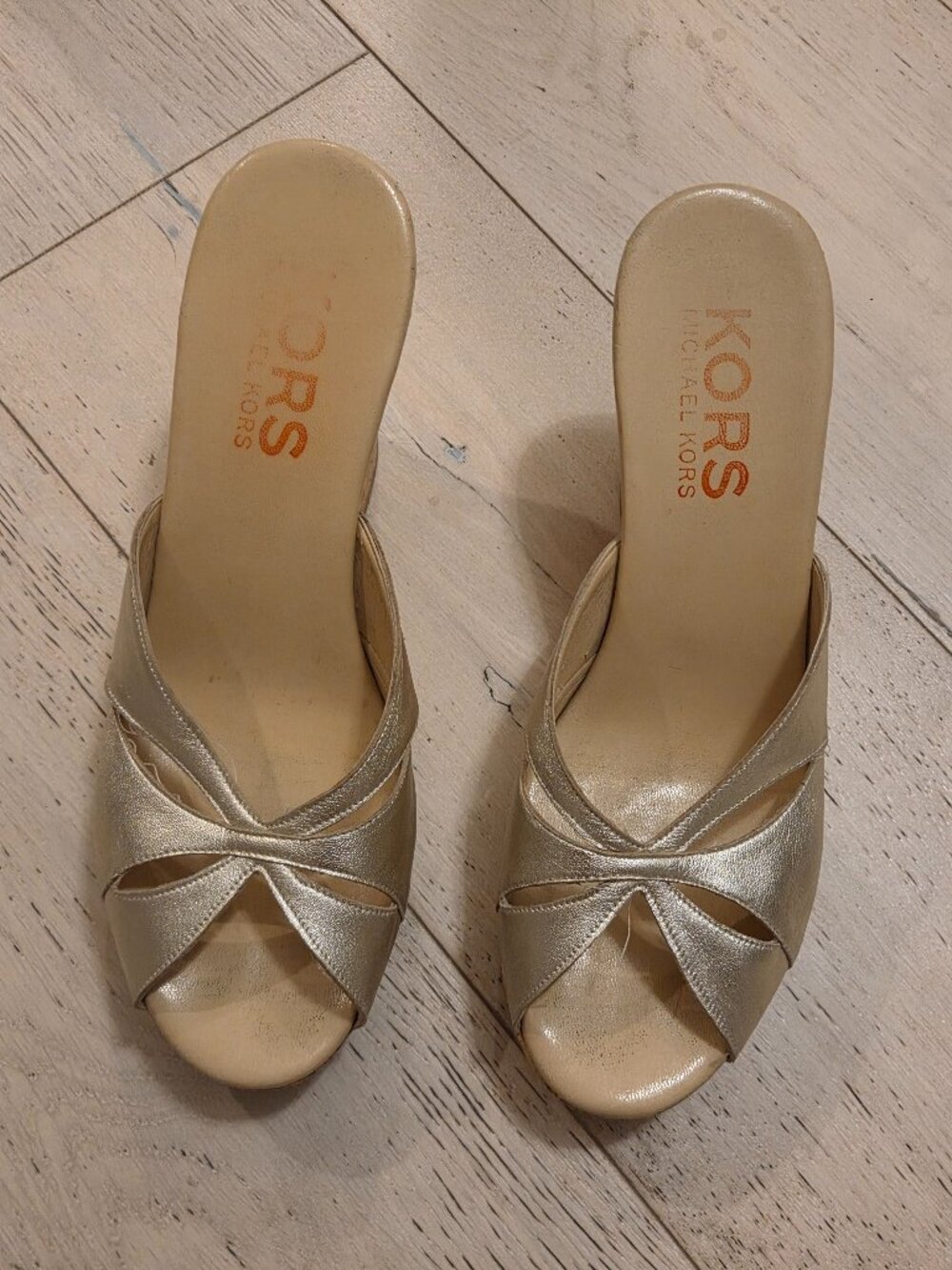 KORS Michael Kors Metallic Gold Cork Wedge Slide Sandals Mules - Size 40 / 10 US